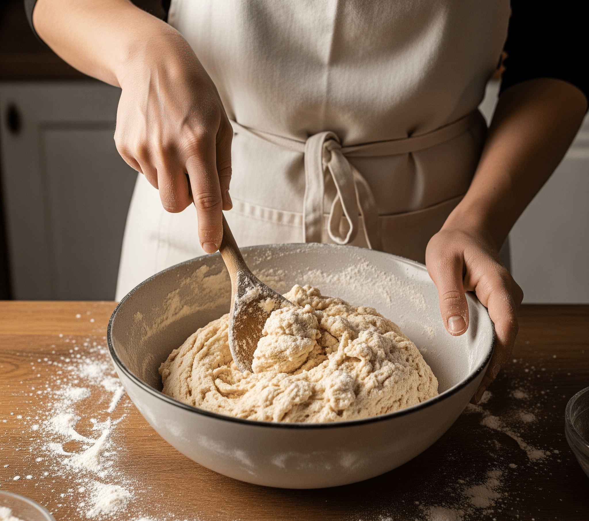 stirring the flour mixture into the yeast until the dough becomes firm: