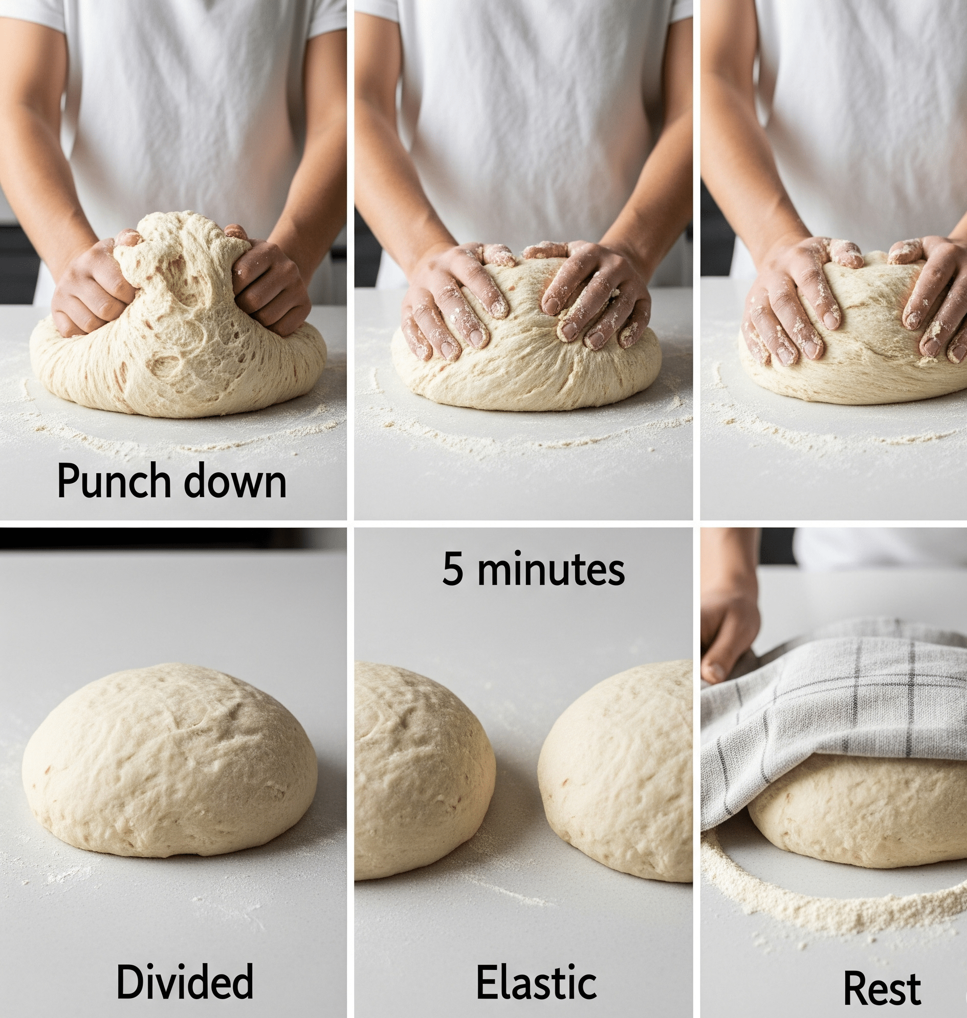 When completely risen, punch the dough down and knead for 5 more minutes. Then cut the dough into two equal size balls and allow it to rest another five minutes.