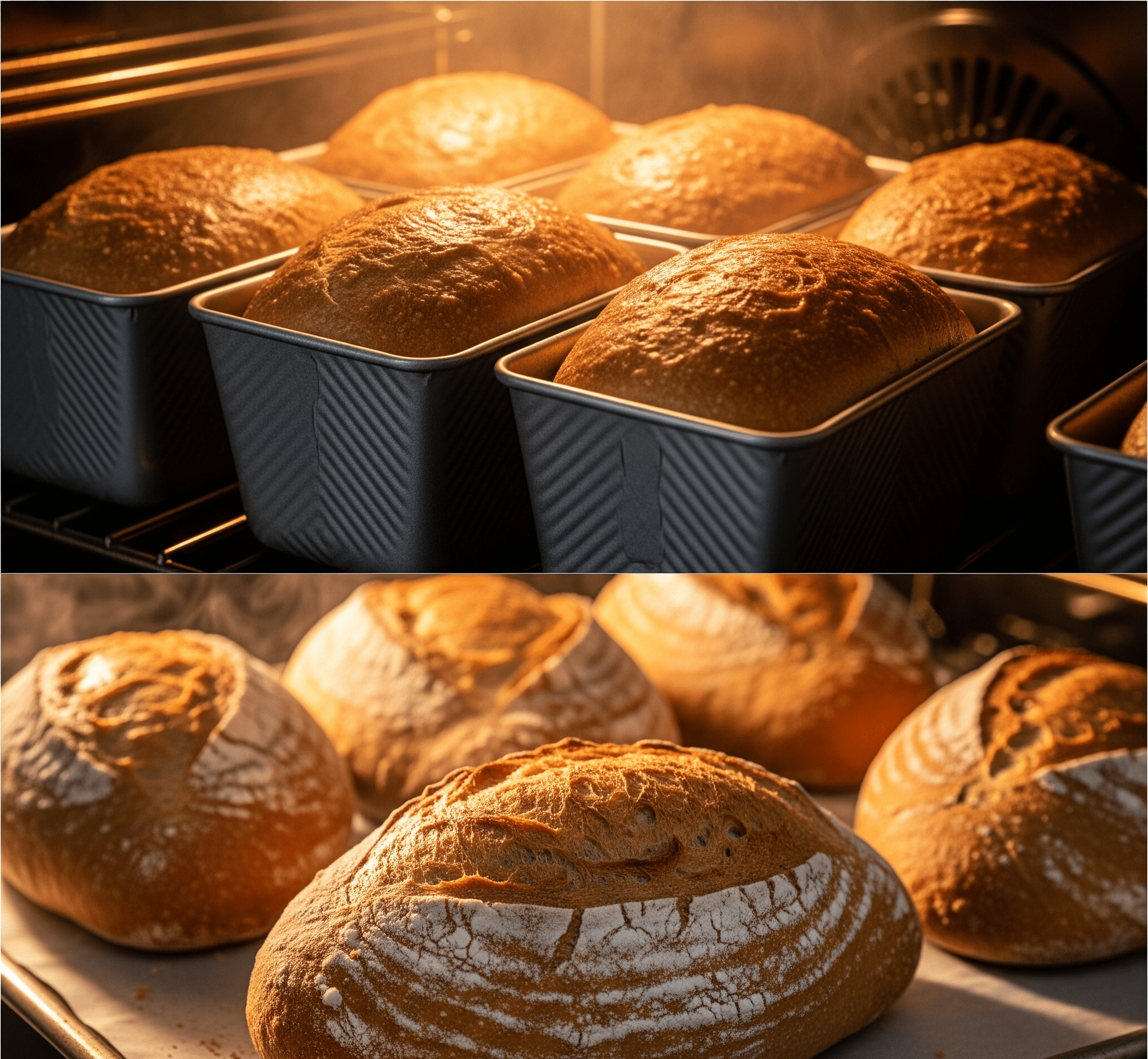 baked loaves of bread in 9"x5"x3" loaf pans, in a 375-degree oven, or removed from pans and placed back in for extra color and crispness
