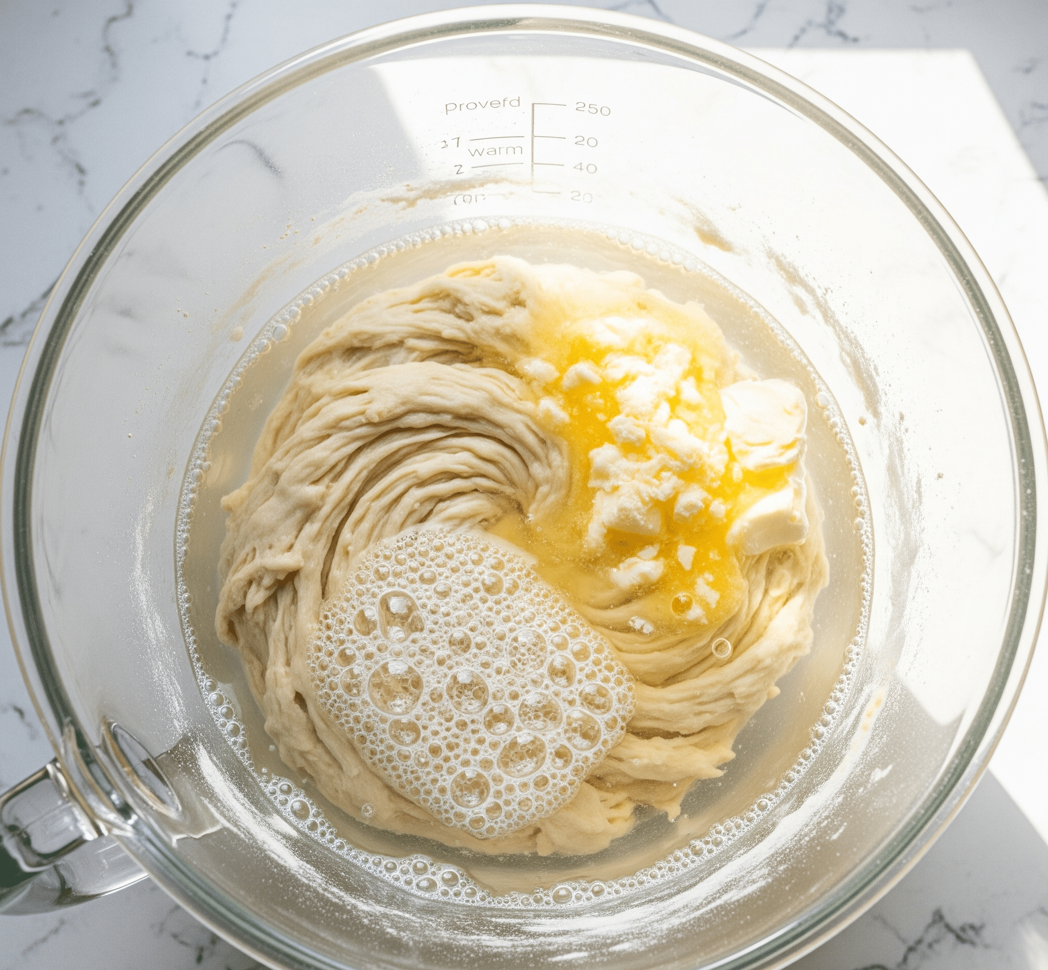 Combine the proofed yeast with the remaining cup of warm water and the melted margarine or butter. Do this in a bowl large enough to mix in the flour.