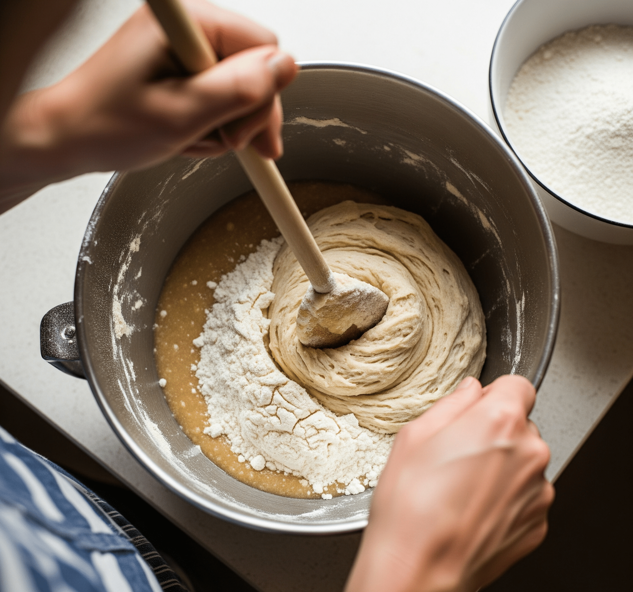 stirring the flour mixture into the yeast until the dough becomes firm