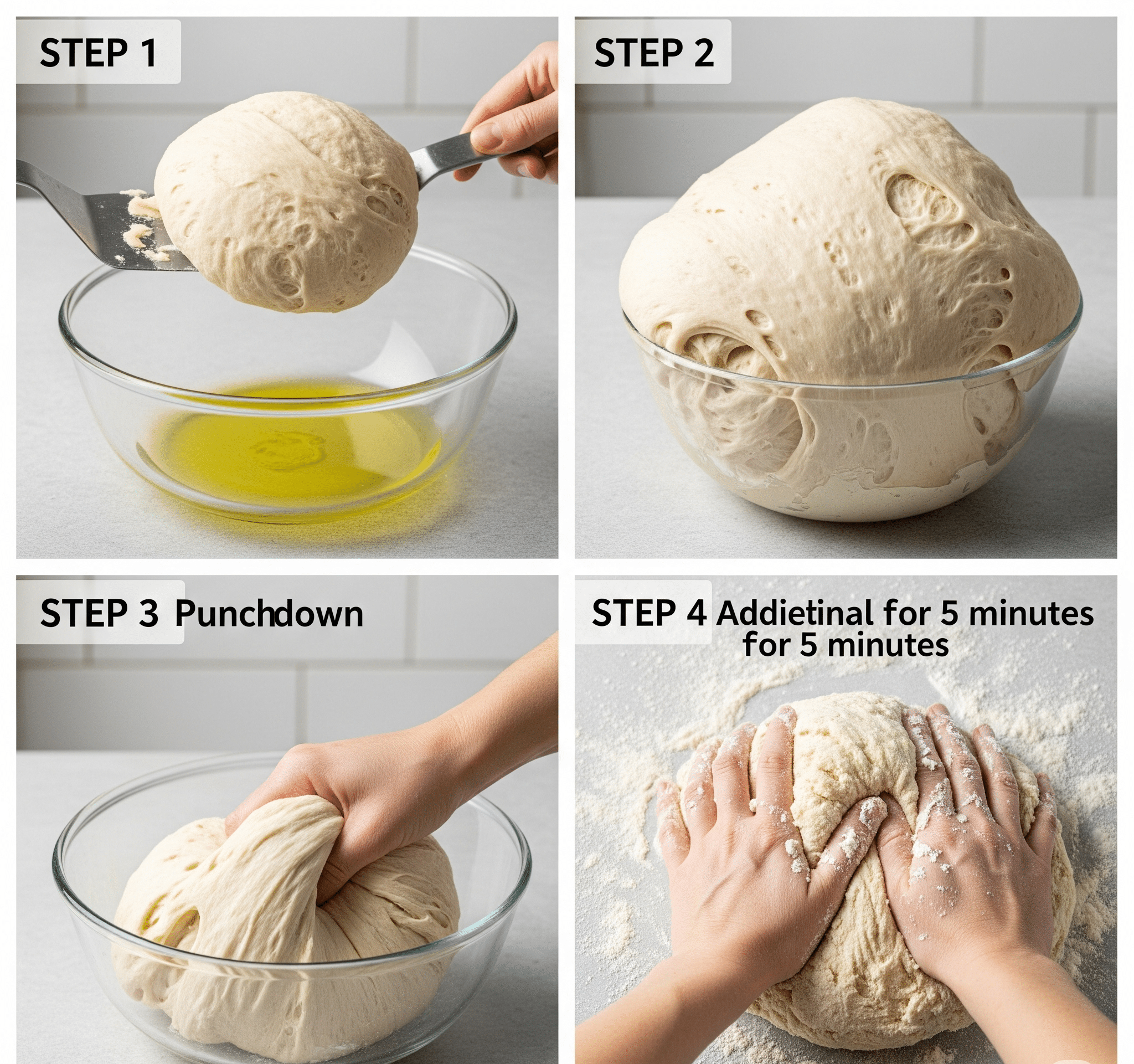 depicting the dough rising, being punched down, and then kneaded again.