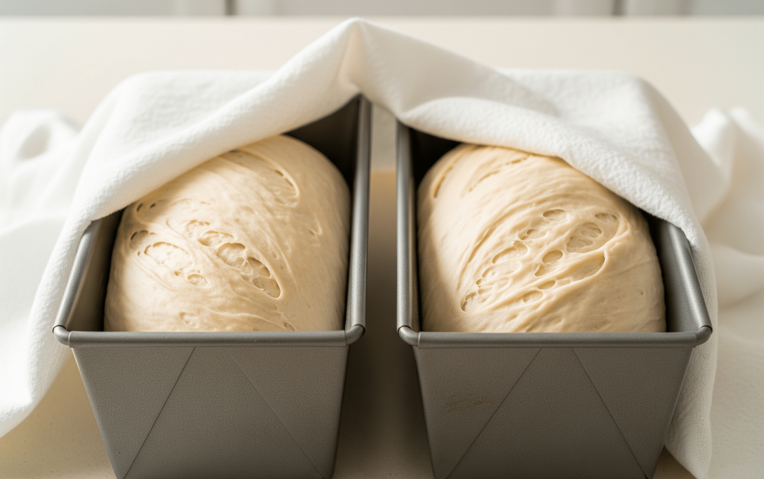 dough shaped into loaves, placed in well-oiled 9"x5"x3" loaf pans, covered with a clean cloth, and rising until doubled in bulk