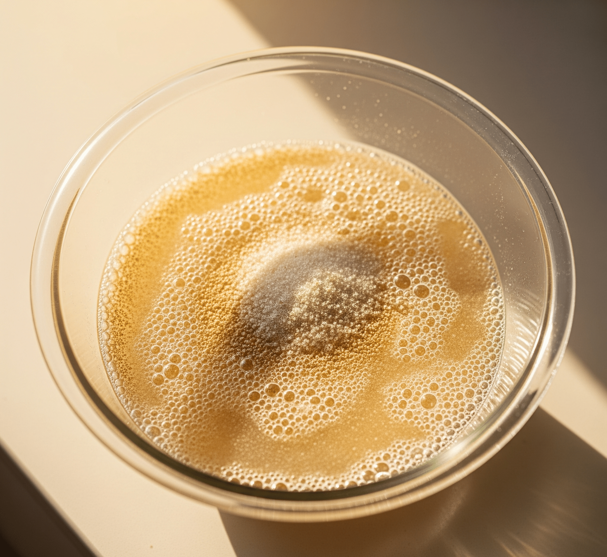 granulated yeast, sugar, and warm water mixed and proofing in a bowl: