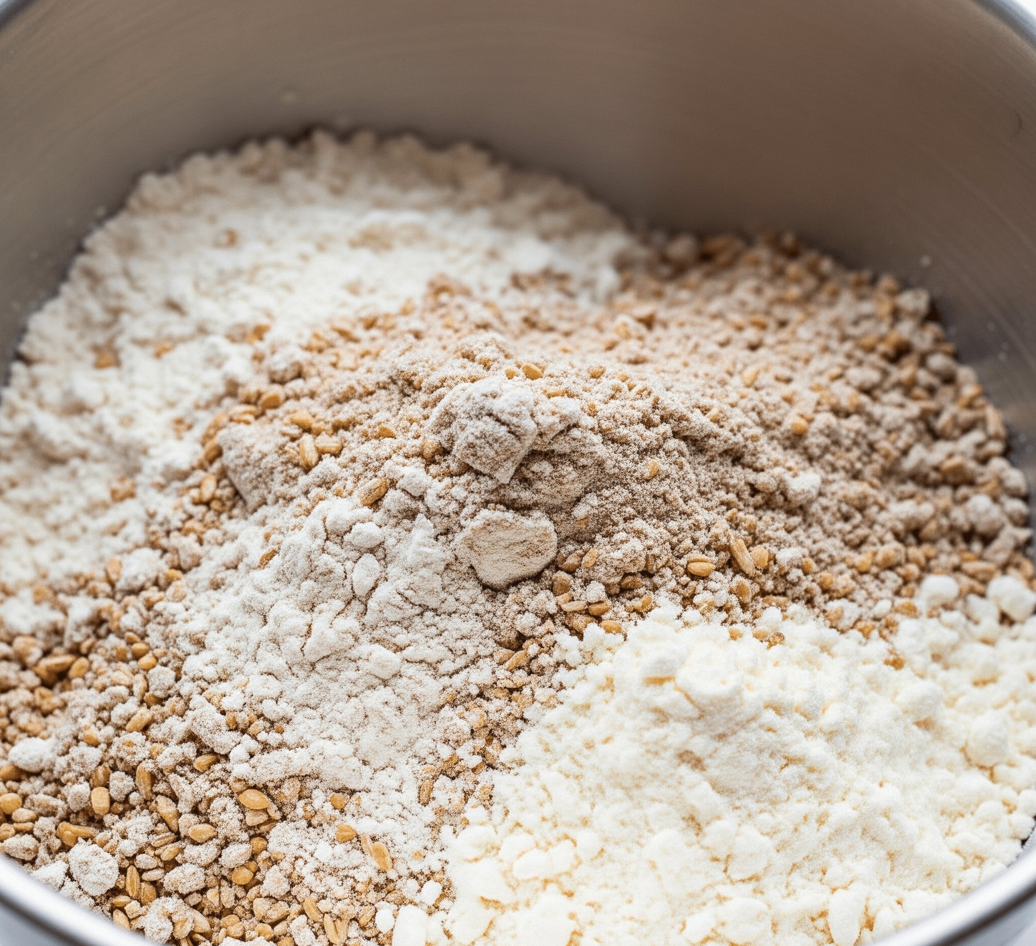 bread flour, whole wheat flour, and non-fat dry milk combined in a bowl