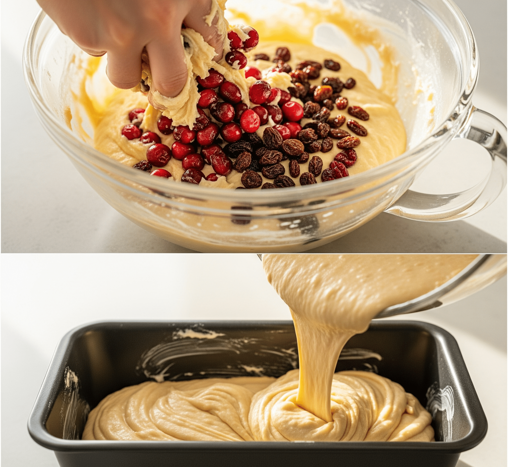 Fold in cranberries and raisins. Pour everything into a greased 9-inch x 5-inch x 3-inch loaf pan