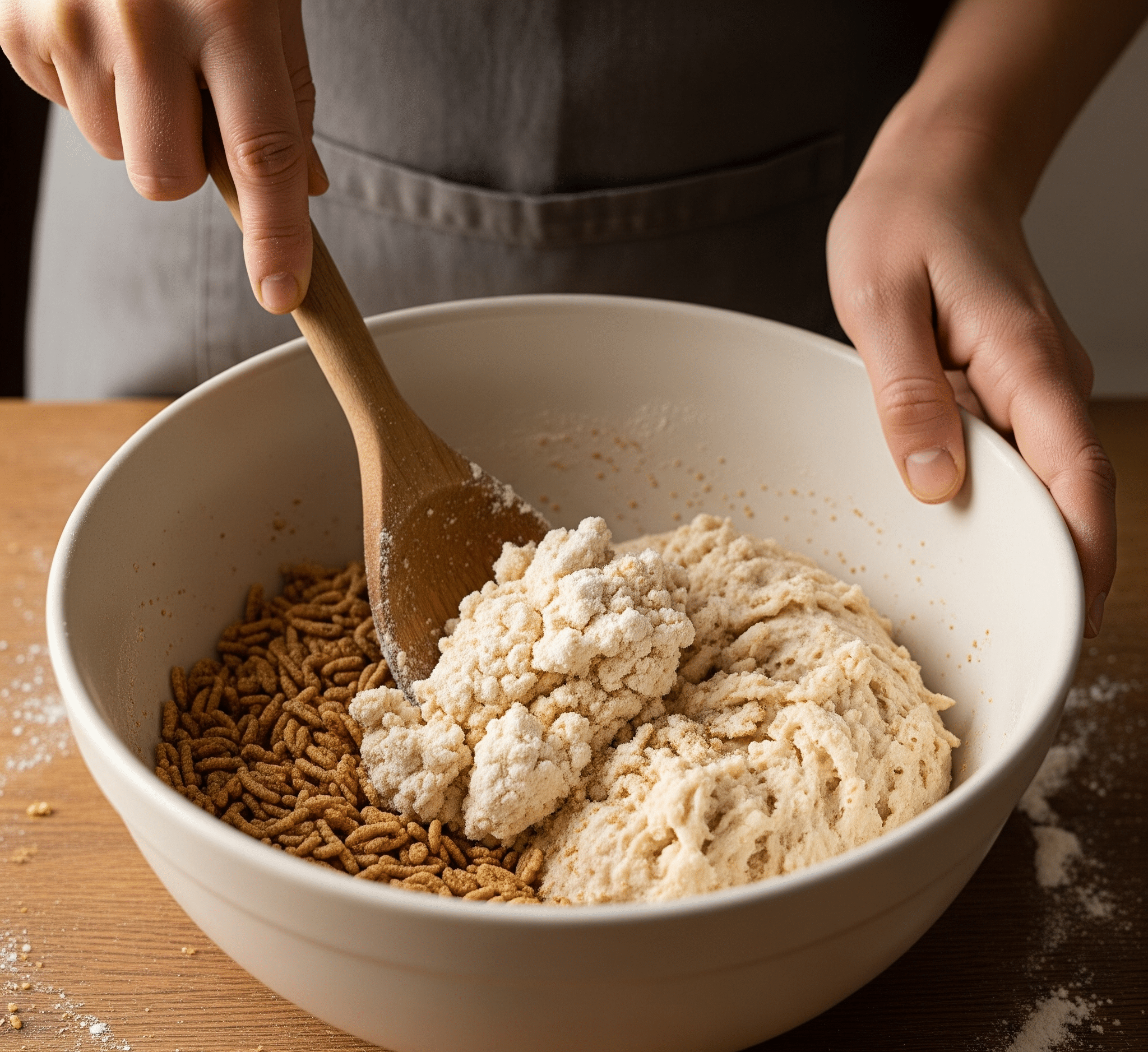 mixing the blended flour into the yeast and cereal mixture until the dough becomes firm.png