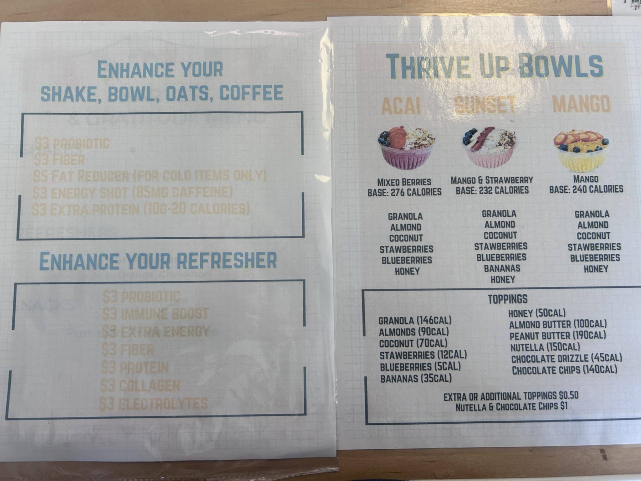 Thrive up bowls Menu and Pricing