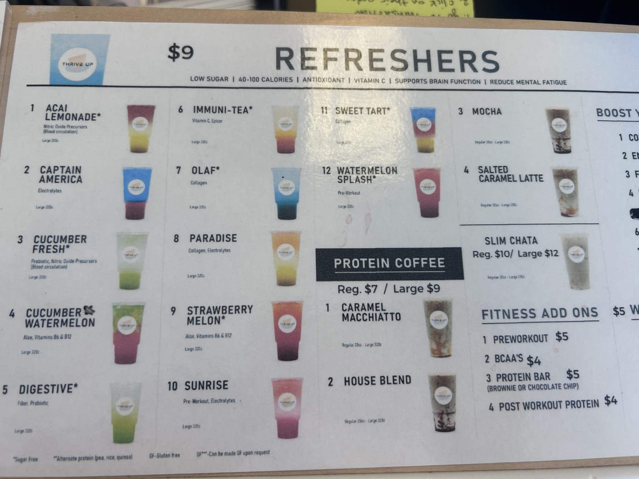 Thrive up refreshers Menu and Pricing