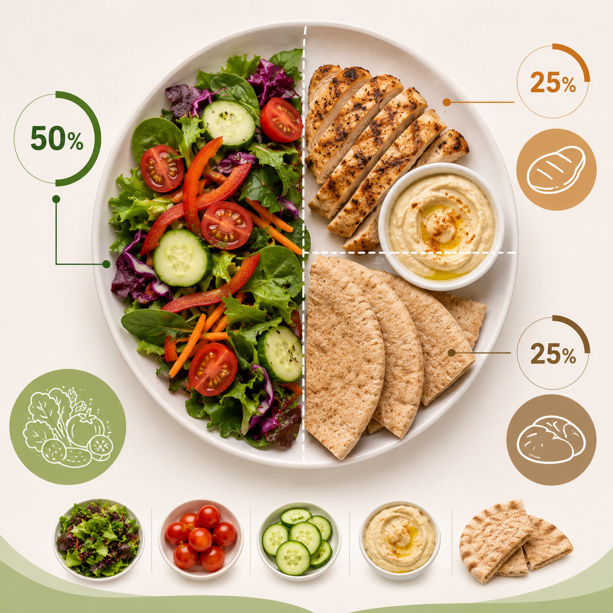 Healthy meal infographic showing a balanced plate with whole wheat pita bread, grilled chicken, hummus, and colorful vegetables in recommended portion sizes