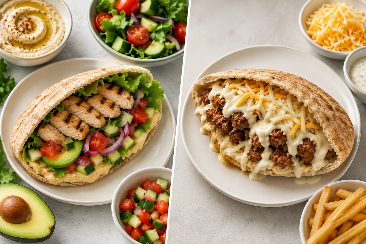 Side-by-side comparison of healthy pita fillings with grilled chicken, hummus, avocado, and fresh vegetables versus pita filled with fried meat, creamy sauce, and cheese