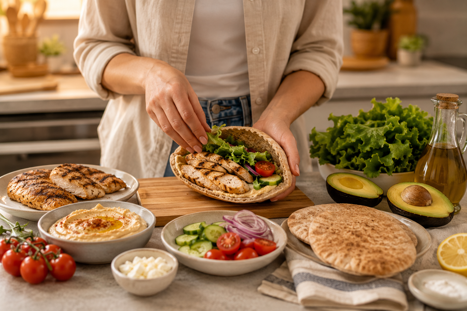 Person preparing a healthy whole wheat pita meal with grilled chicken, hummus, fresh vegetables, and pita bread on a modern kitchen counter