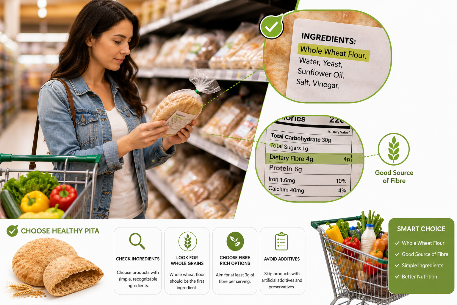 Educational infographic showing a shopper choosing whole wheat pita bread by checking the ingredient label, fibre content, and simple ingredients in a supermarket