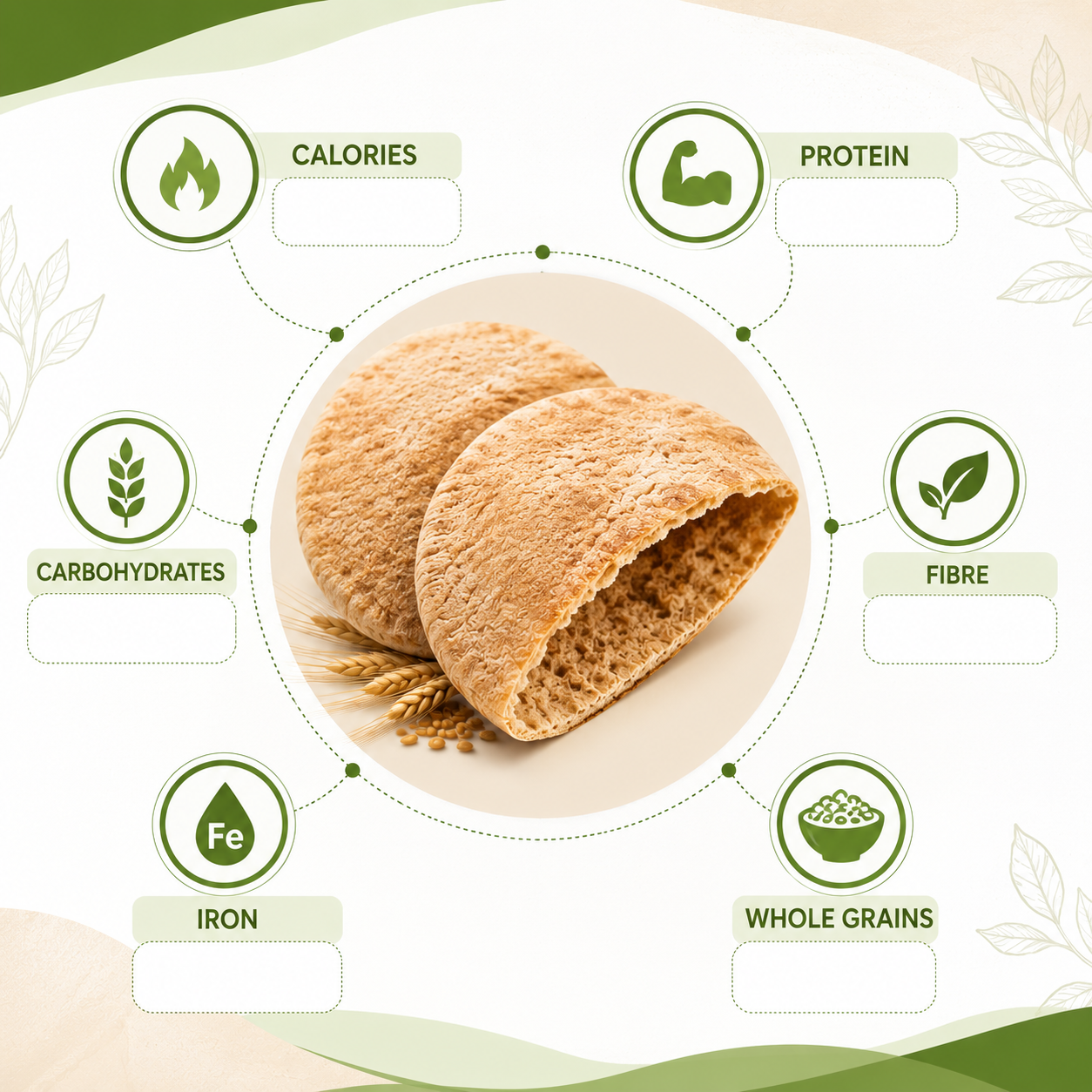 Nutrition infographic showing whole wheat pita bread with calories, protein, carbohydrates, fibre, iron, and whole grain nutrition highlights