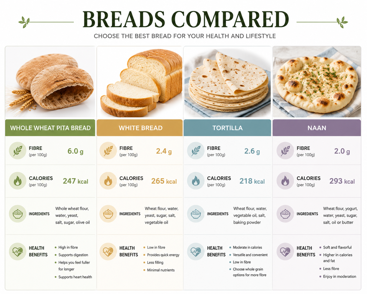 Nutrition comparison infographic showing whole wheat pita bread, white bread, tortilla, and naan with space to compare fibre, calories, ingredients, and health benefits