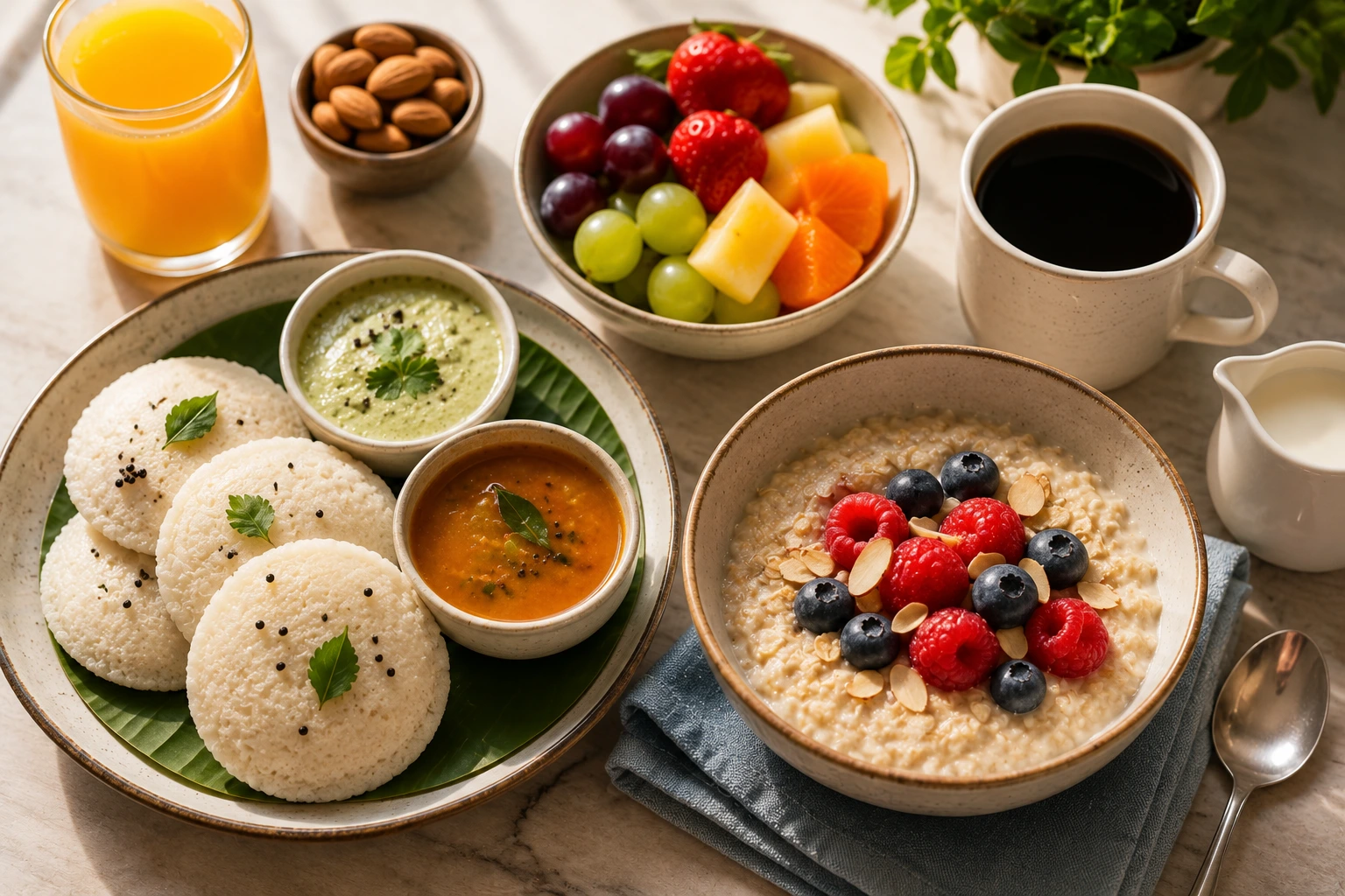 Breakfast foods starting with I including idli, Irish oats and fresh fruit Breakfast foods starting with I including idli, Irish oats and fresh fruit