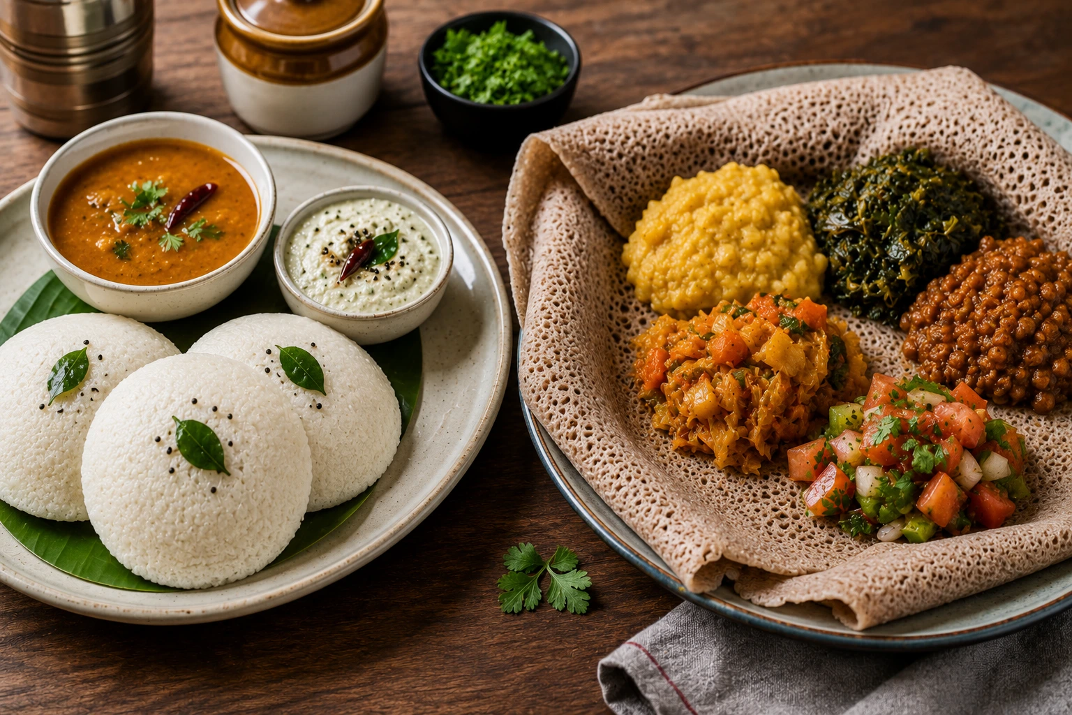 Traditional idli and injera from India and Ethiopia Traditional idli and injera from India and Ethiopia
