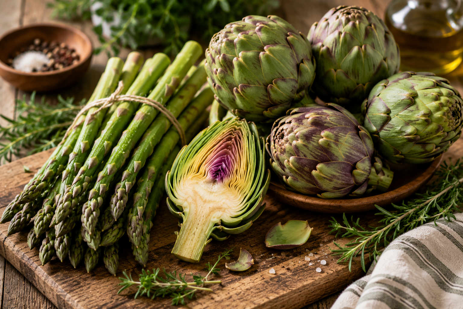 Fresh asparagus and artichokes ready for cooking Fresh asparagus and artichokes ready for cooking