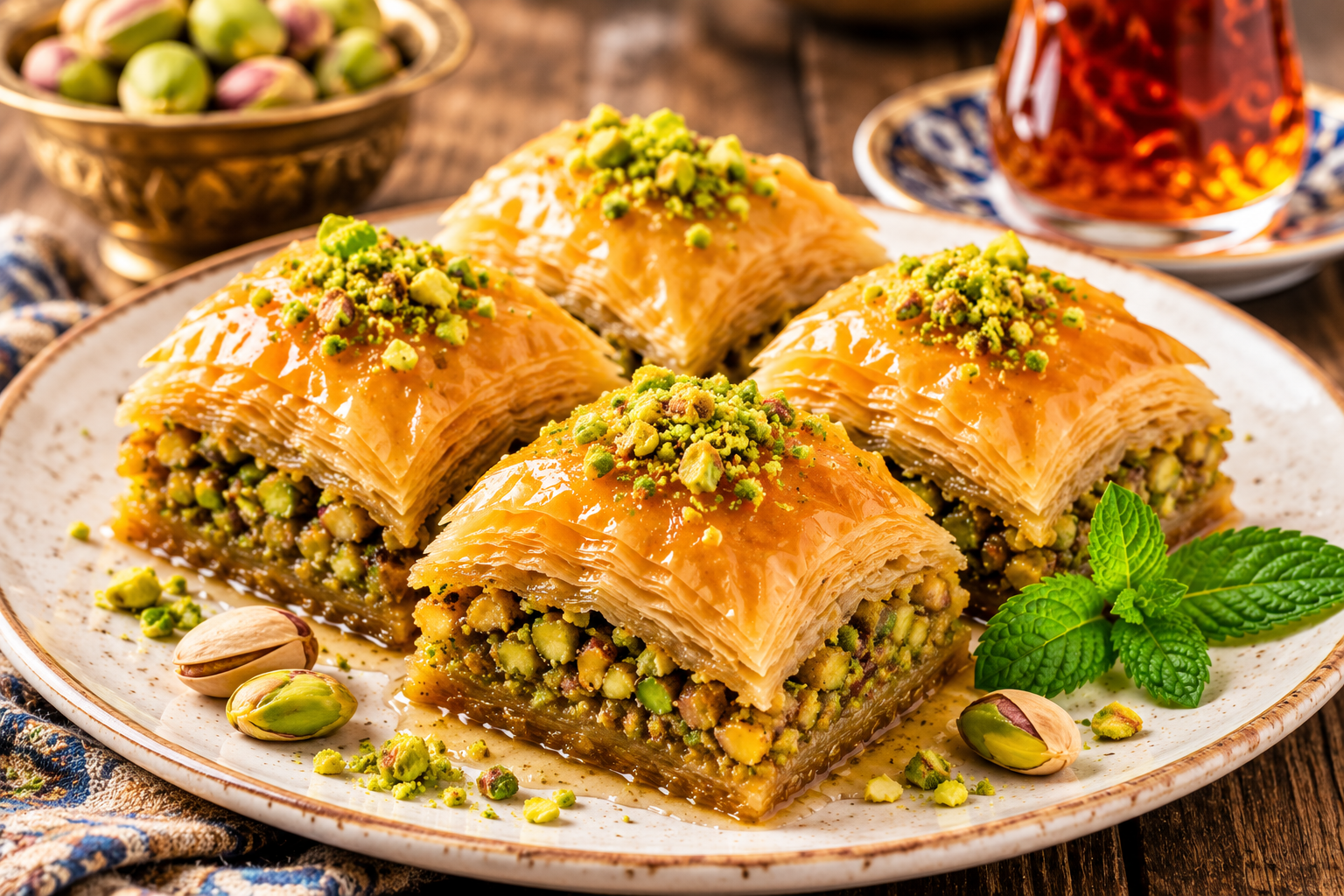 Traditional Mediterranean baklava made with pistachios and flaky phyllo pastry Traditional Mediterranean baklava made with pistachios and flaky phyllo pastry