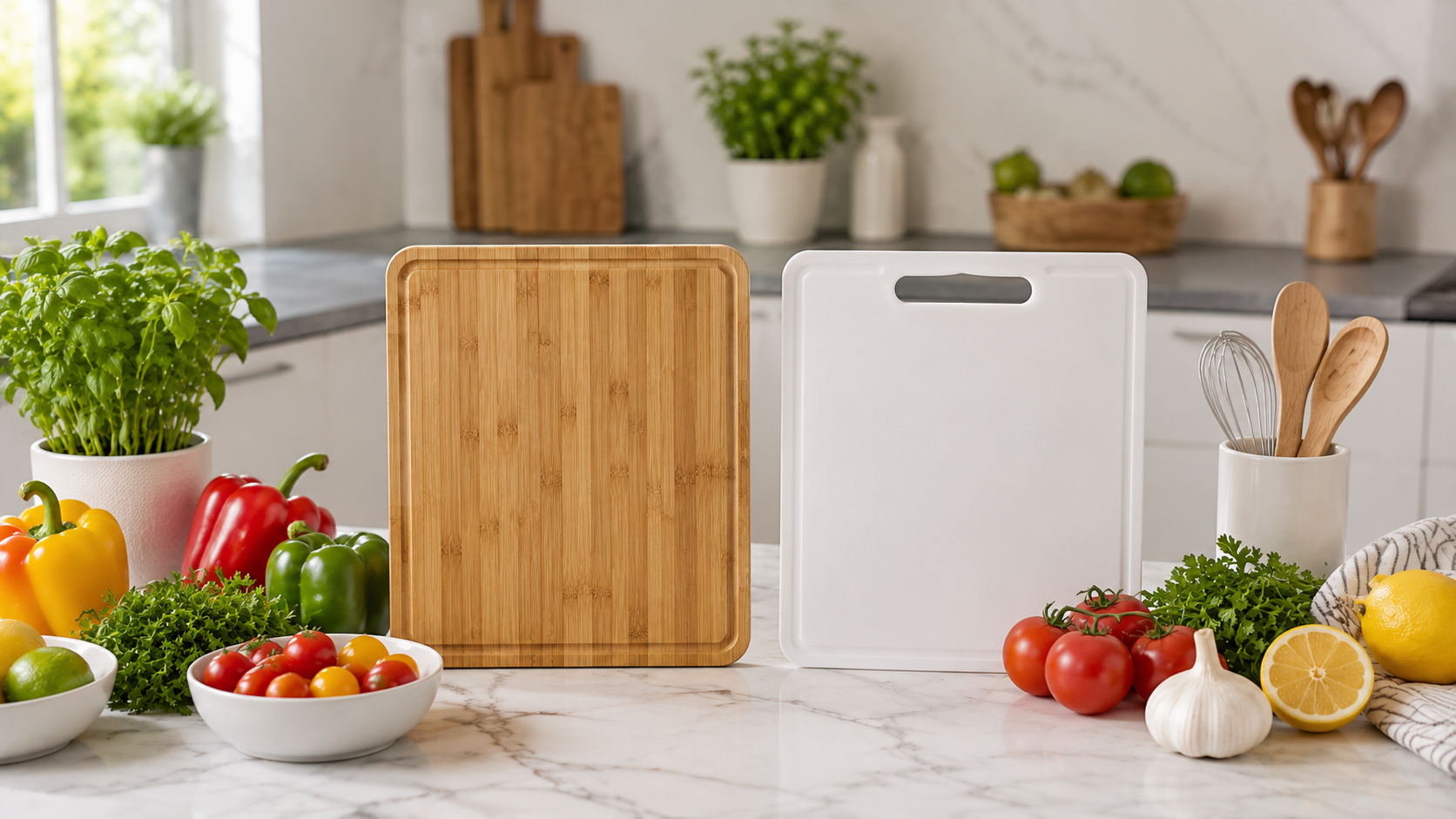 Bamboo vs Plastic Cutting Boards for Home Kitchens Bamboo and plastic cutting boards displayed side by side with fresh vegetables on a modern kitchen countertop.