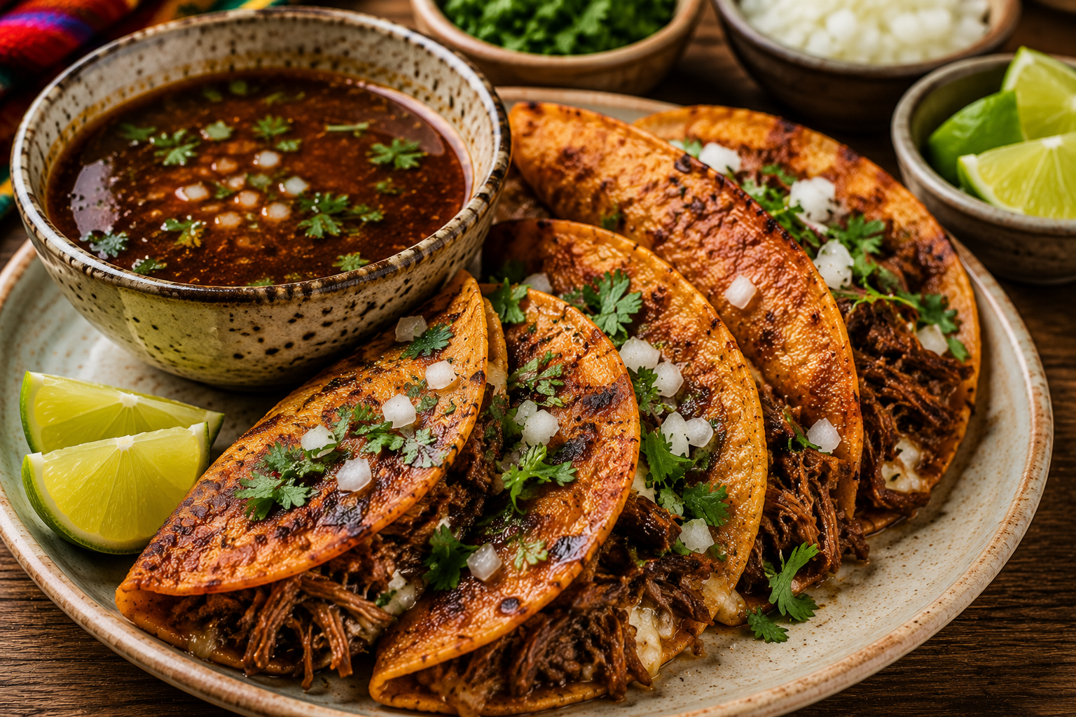Crispy birria tacos served with consommé, onions, cilantro, and lime Crispy birria tacos served with consommé, onions, cilantro, and lime