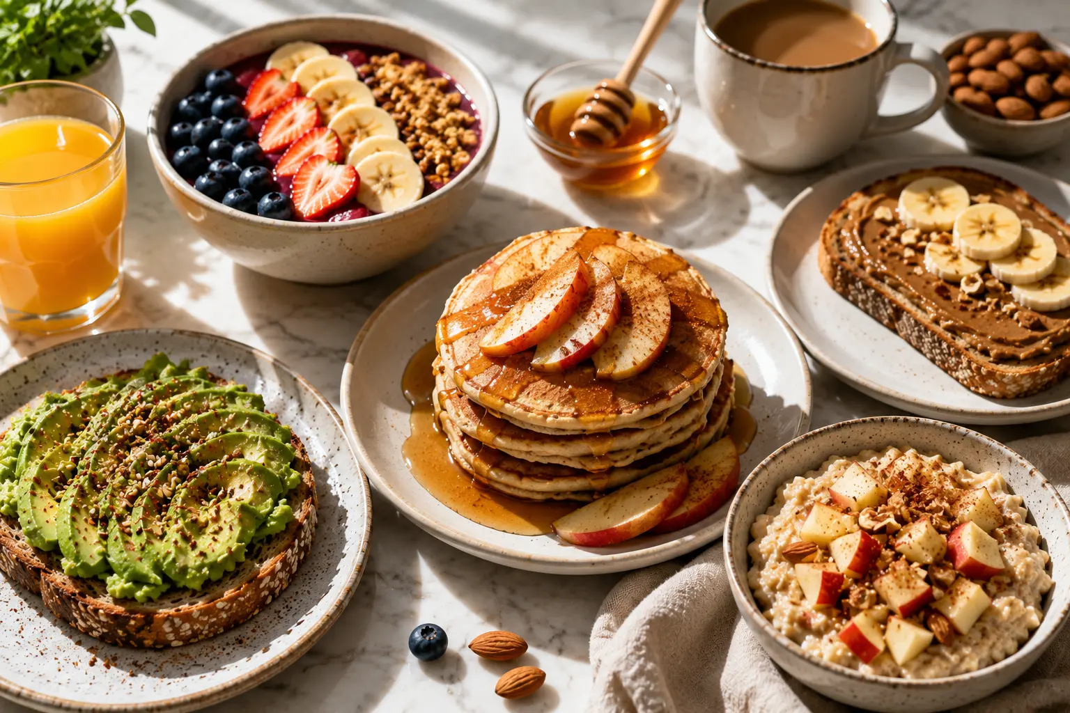 Breakfast foods starting with A including avocado toast acai bowl and apple pancakes Breakfast foods starting with A including avocado toast acai bowl and apple pancakes