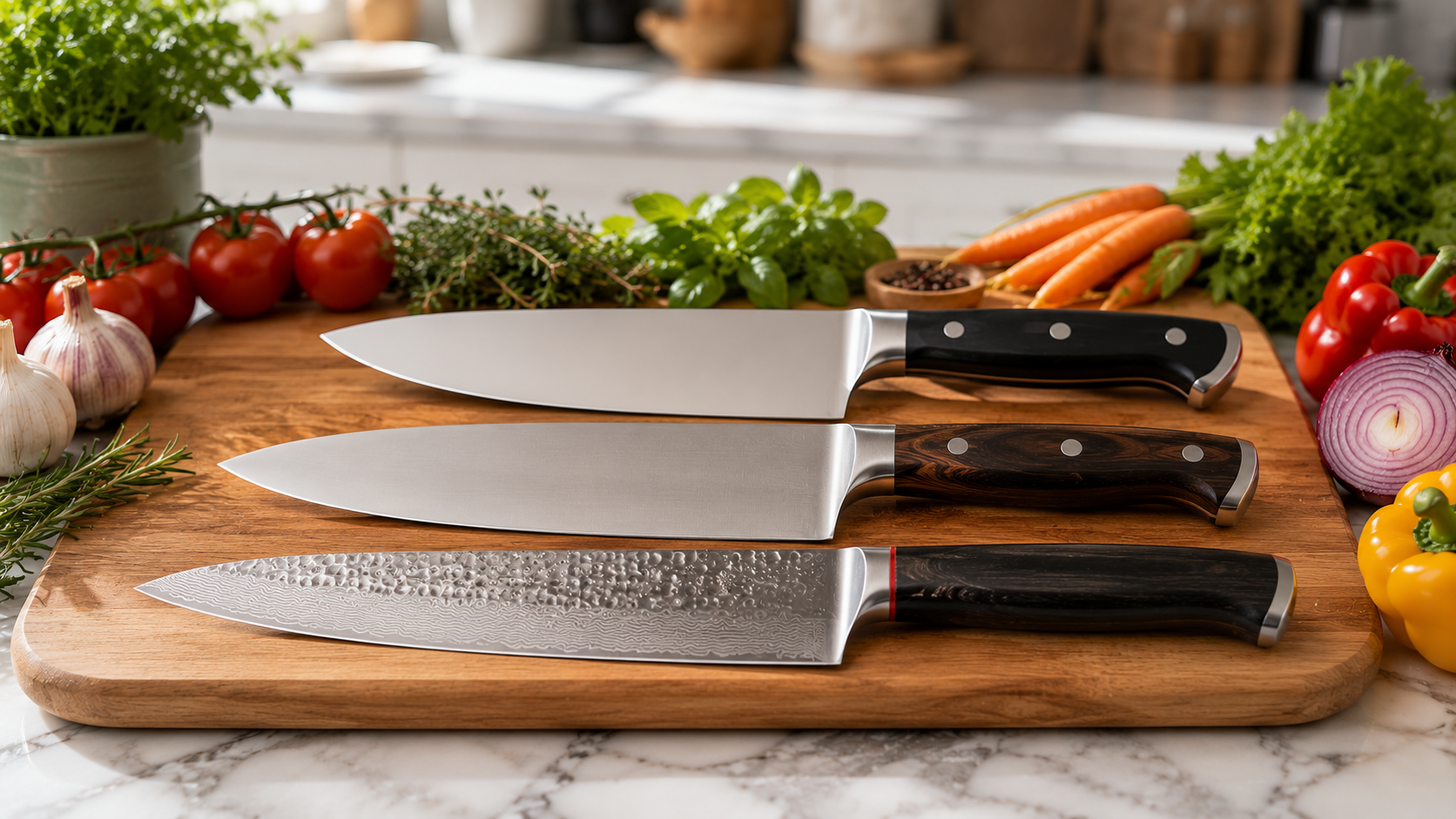 Chef Knife Blade Material Comparison Three chef knives with stainless steel, high-carbon stainless steel, and Japanese-style blades displayed on a wooden cutting board