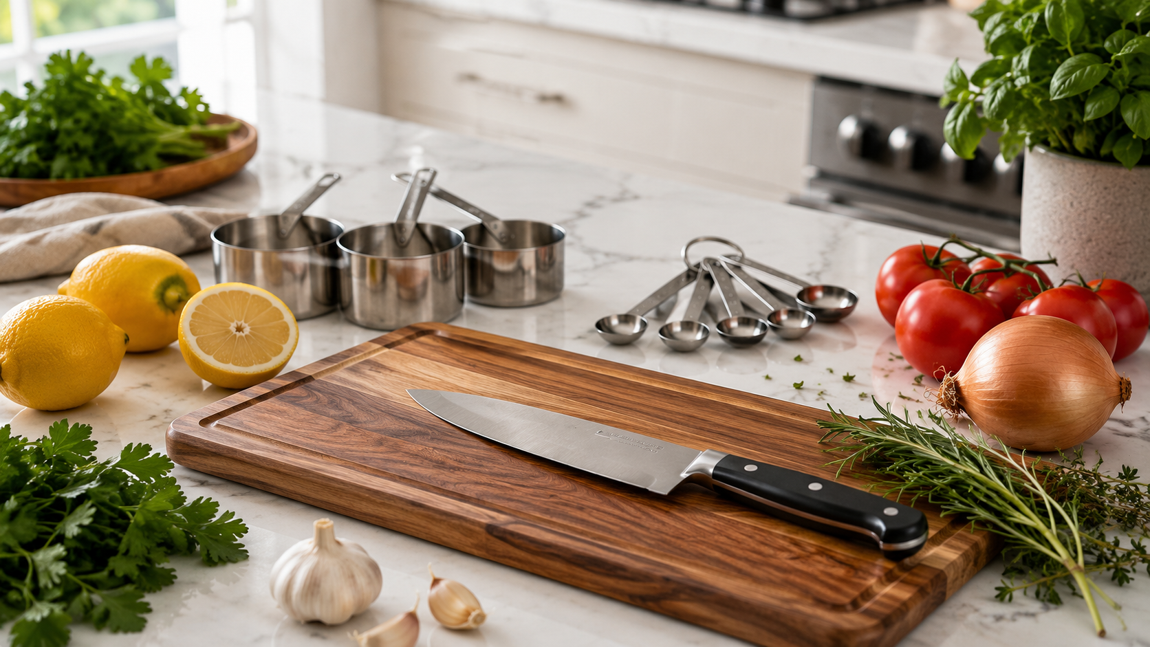 Chef's Knife and Kitchen Prep Station Chef's knife on a wooden cutting board with measuring cups, herbs, garlic, onions, tomatoes, and lemons for kitchen prep