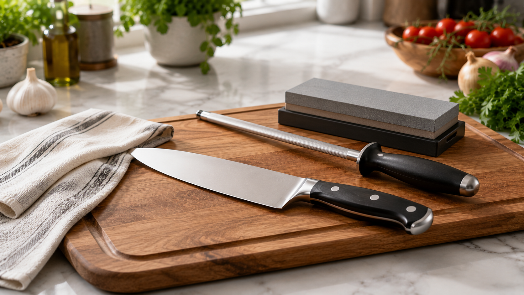 Chef Knife Sharpening and Honing Tools Chef's knife with a honing steel and sharpening stone on a wooden cutting board in a modern kitchen