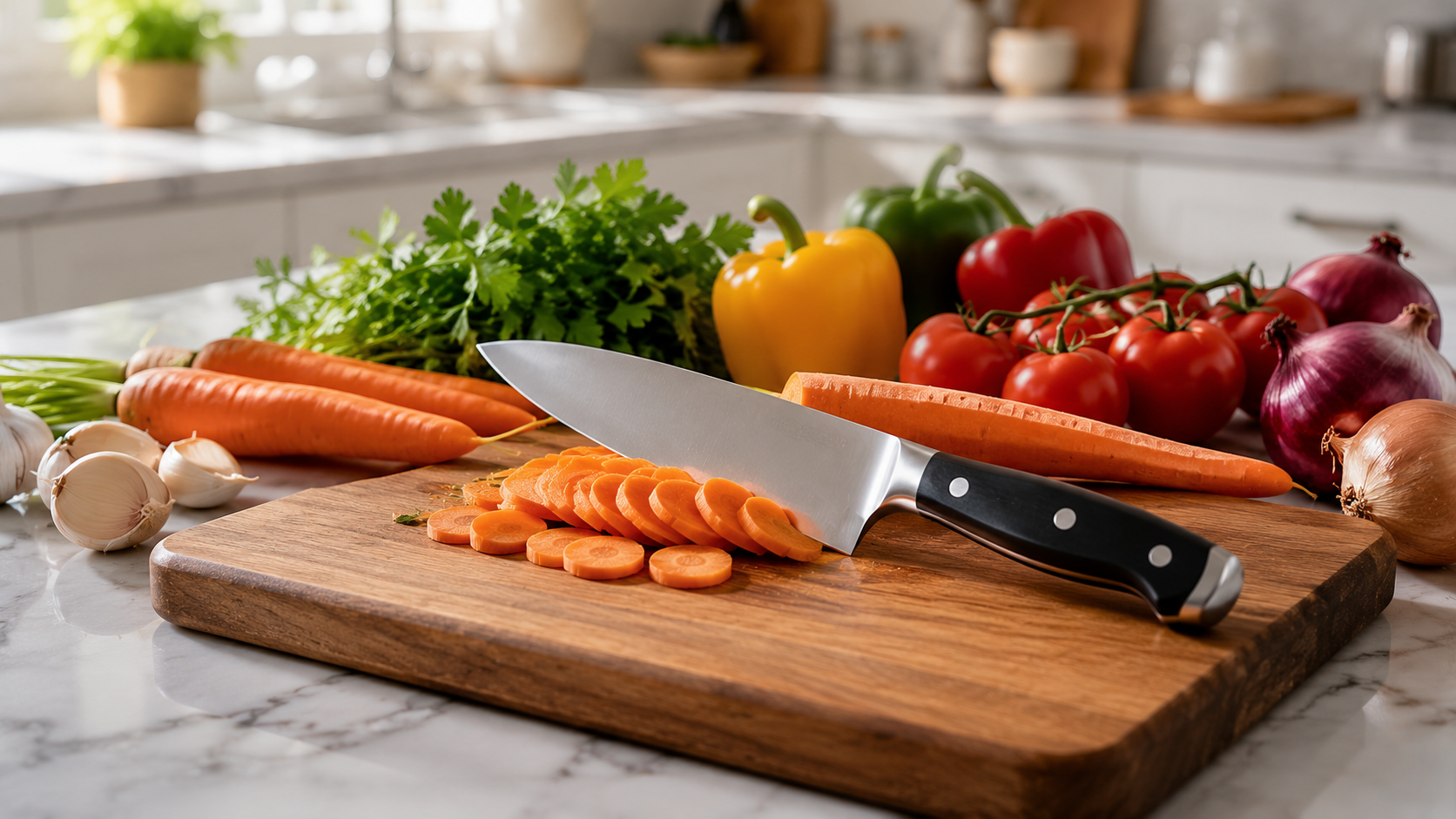 Chef's Knife Slicing Fresh Vegetables 8-inch stainless steel chef's knife slicing fresh carrots on a wooden cutting board with vegetables in a modern kitchen