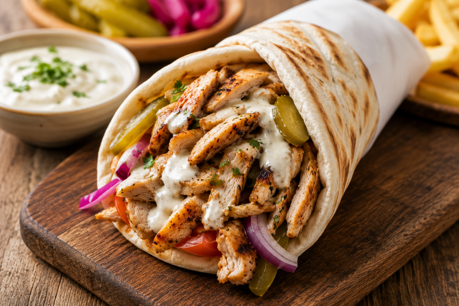 Chicken shawarma wrap served with garlic sauce and pickles Chicken shawarma wrap served with garlic sauce and pickles