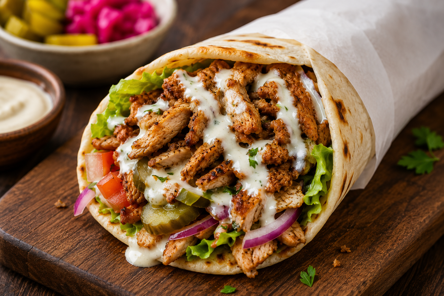 Chicken shawarma wrap with garlic sauce and pickles Chicken shawarma wrap with garlic sauce and pickles