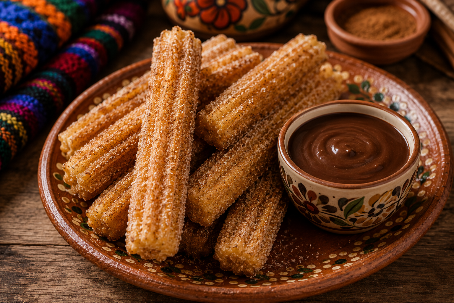 Traditional Mexican churros coated with cinnamon sugar and served with chocolate dipping sauce Traditional Mexican churros coated with cinnamon sugar and served with chocolate dipping sauce