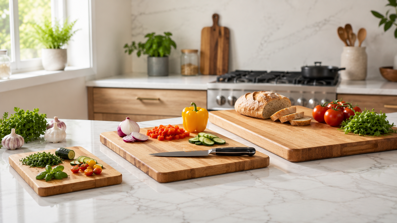 Small, Medium, and Large Cutting Board Sizes Small, medium, and large cutting boards displayed with fresh vegetables and a chef's knife on a modern kitchen countertop.