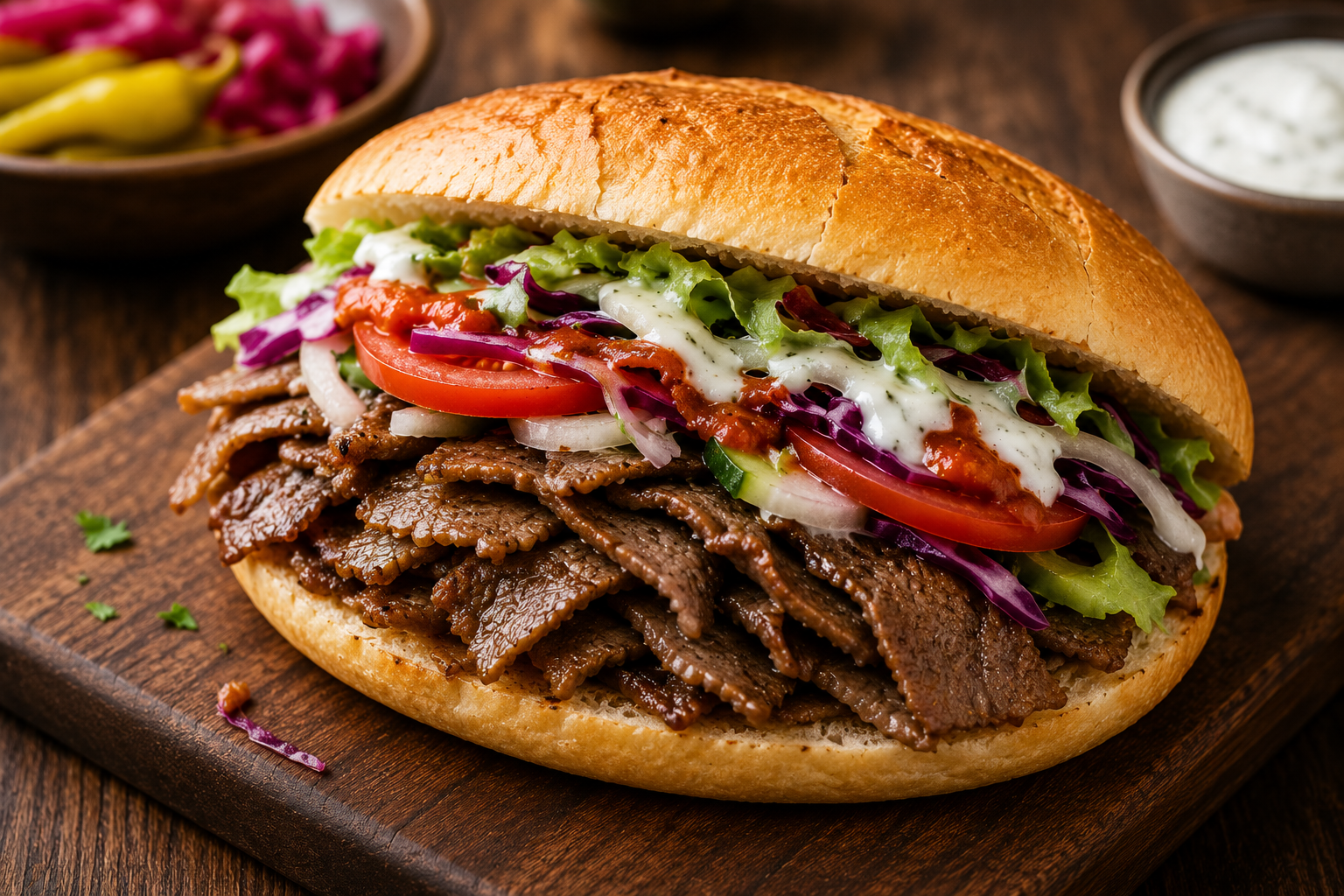Turkish doner kebab sandwich served with fresh salad Turkish doner kebab sandwich served with fresh salad