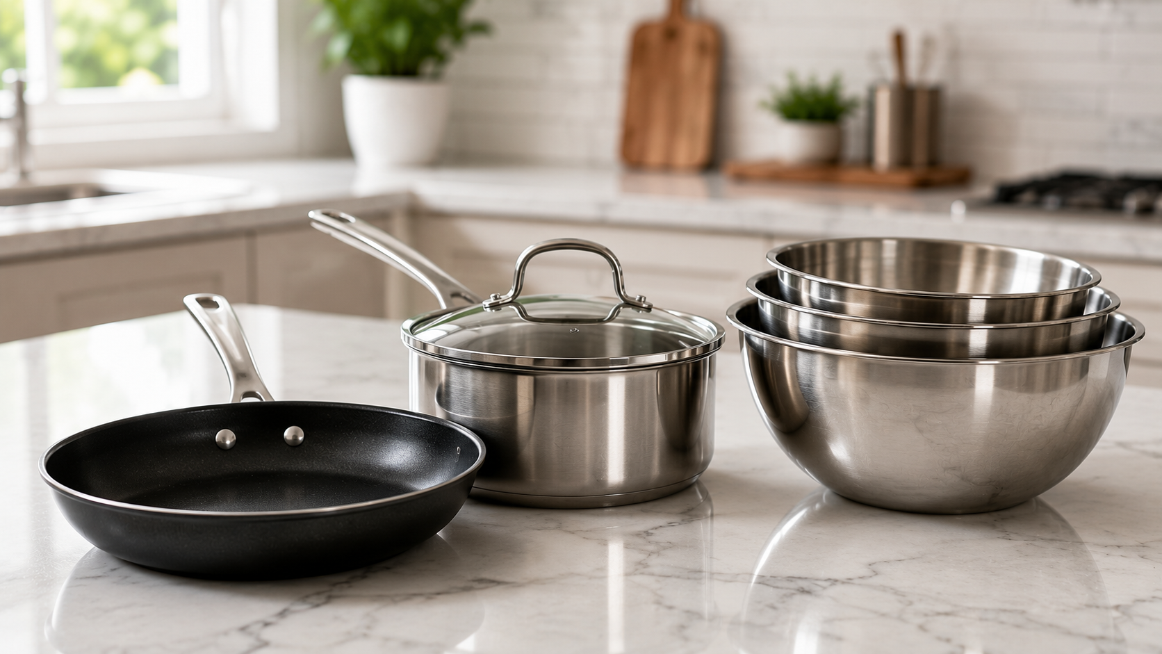 Essential Cookware for Every Home Kitchen Essential cookware including a nonstick frying pan, stainless steel saucepan, and mixing bowls on a white marble countertop