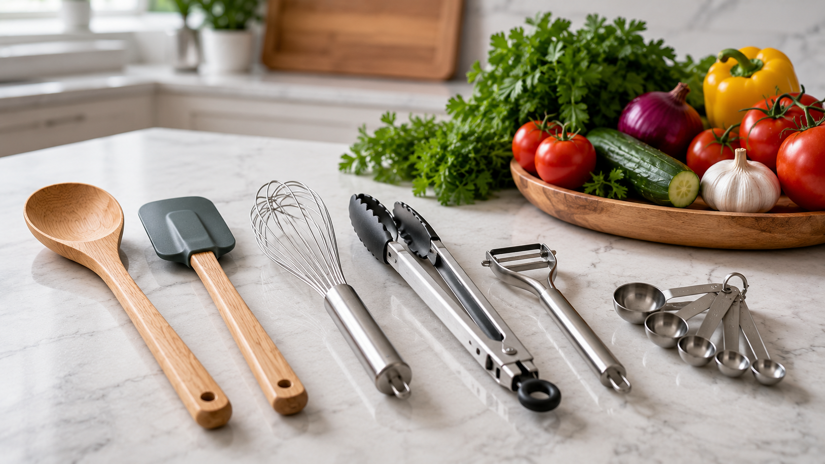 Everyday Kitchen Utensils for Home Cooking Everyday kitchen utensils including a wooden spoon, silicone spatula, whisk, tongs, vegetable peeler, and measuring spoons on a marble countertop