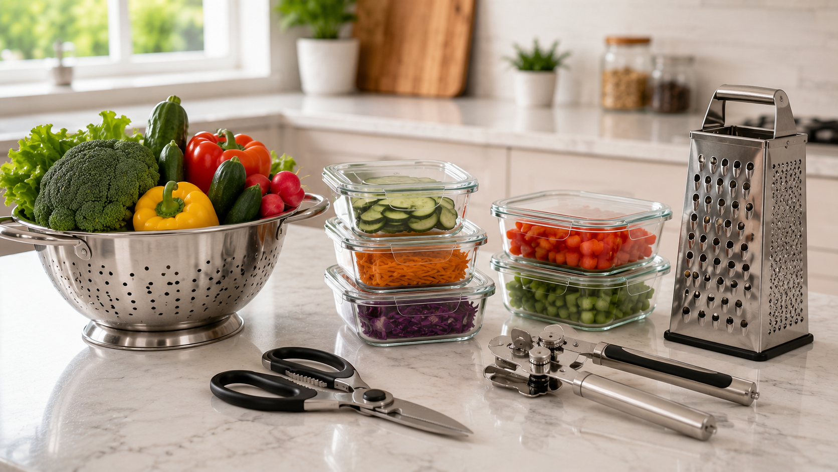 Food Prep and Storage Kitchen Essentials Stainless steel colander with fresh vegetables, glass food storage containers, kitchen shears, box grater, and can opener on a marble countertop