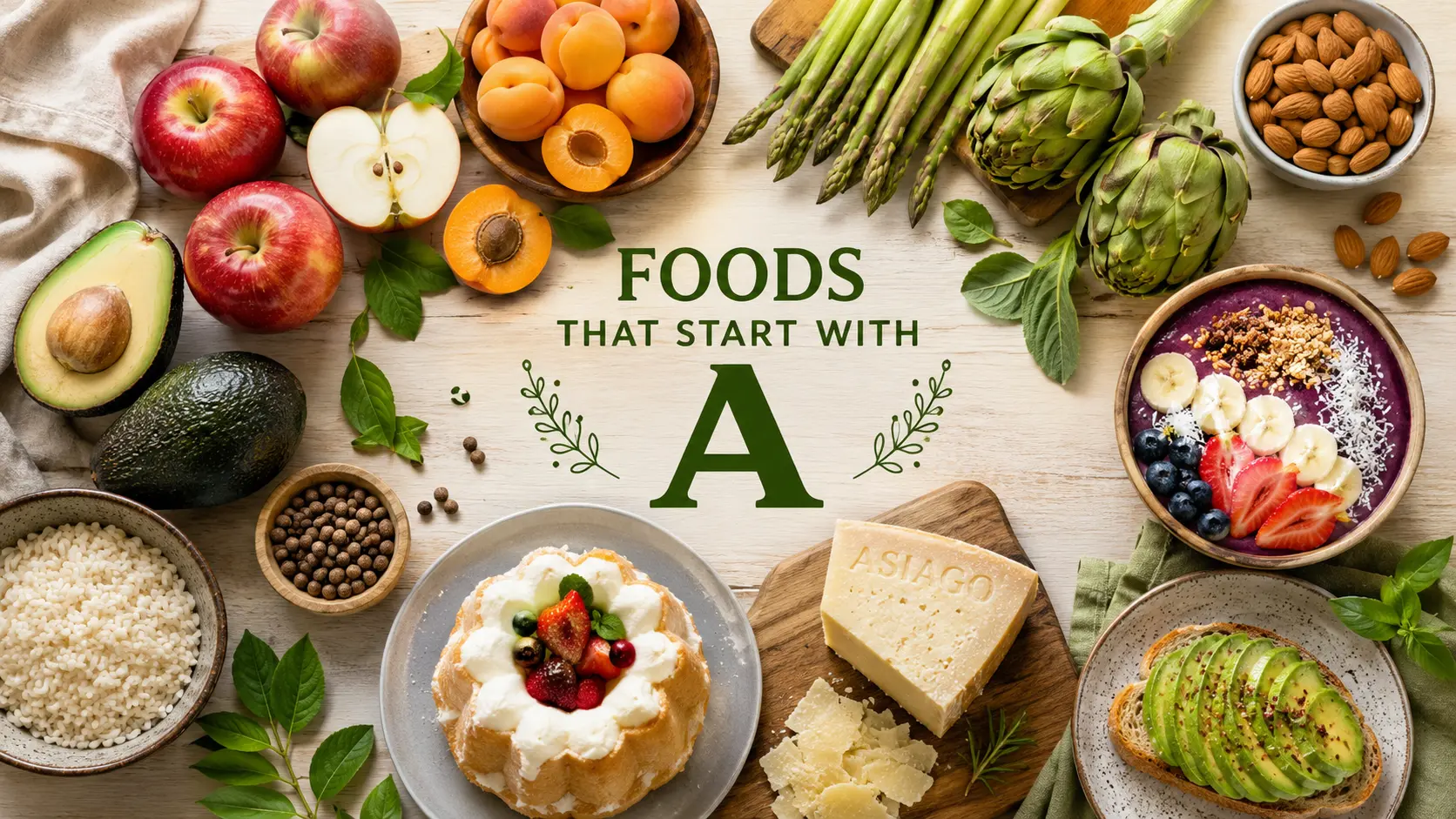 Foods That Start With A including apples, avocados, asparagus, apricots, almonds and artichokes Foods That Start With A including apples, avocados, asparagus, apricots, almonds and artichokes