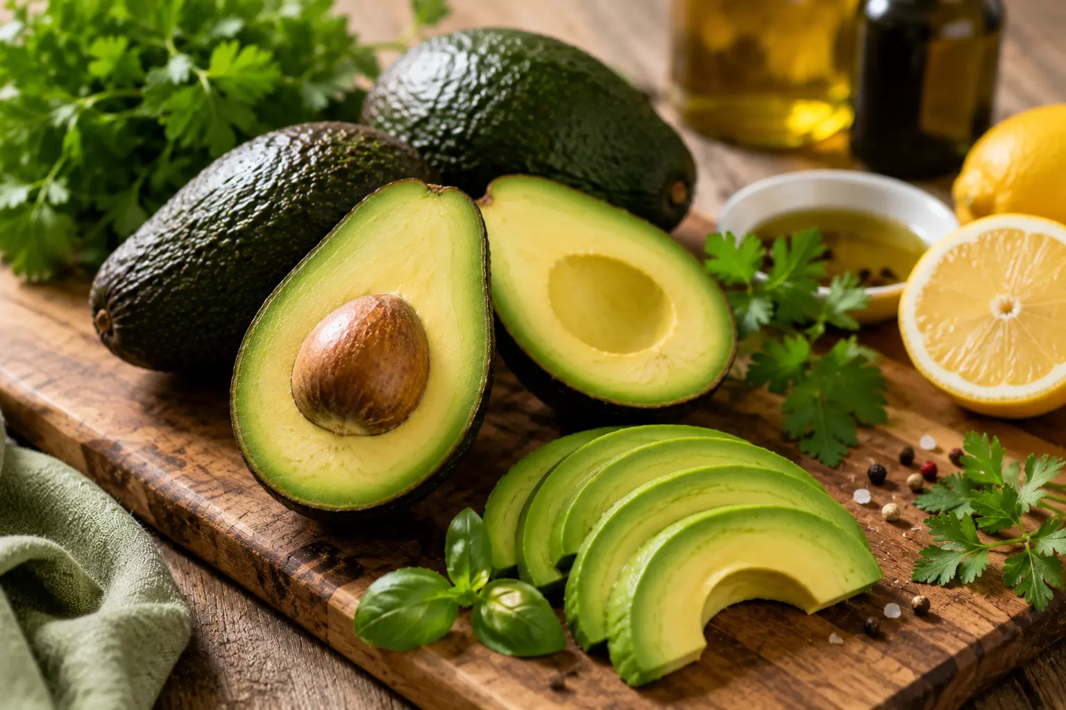 Fresh ripe avocados cut in half on wooden boardHealthy vegetables Fresh ripe avocados cut in half on wooden board
