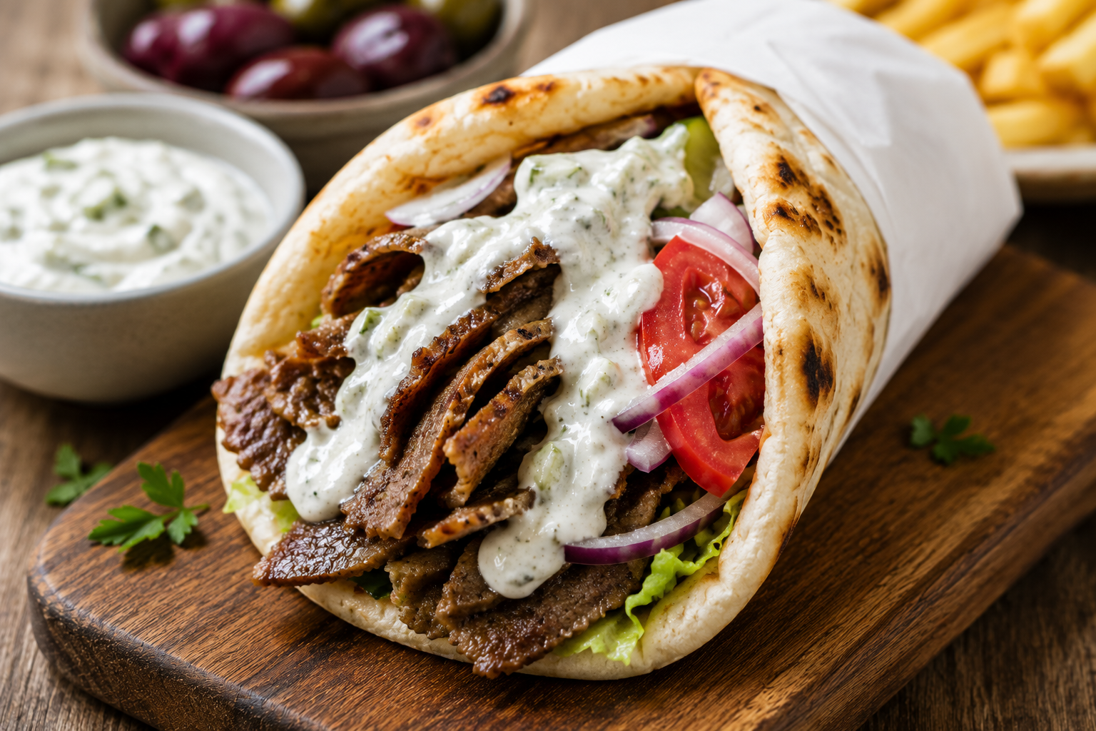 Greek gyro wrap with tzatziki sauce and fresh vegetables Greek gyro wrap with tzatziki sauce and fresh vegetables