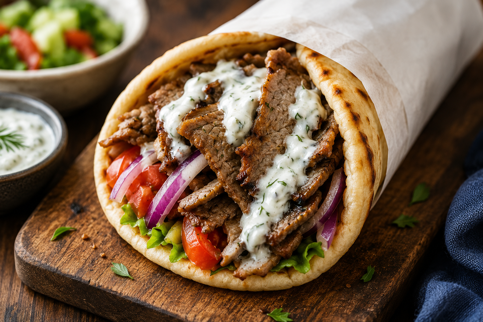 Greek gyro wrap with tzatziki sauce and fresh vegetables Greek gyro wrap with tzatziki sauce and fresh vegetables