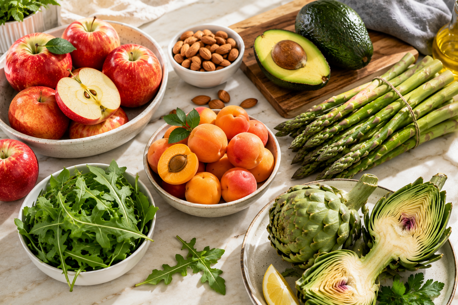 Healthy foods beginning with A including almonds apples avocados asparagus and apricots Healthy foods beginning with A including almonds apples avocados asparagus and apricots