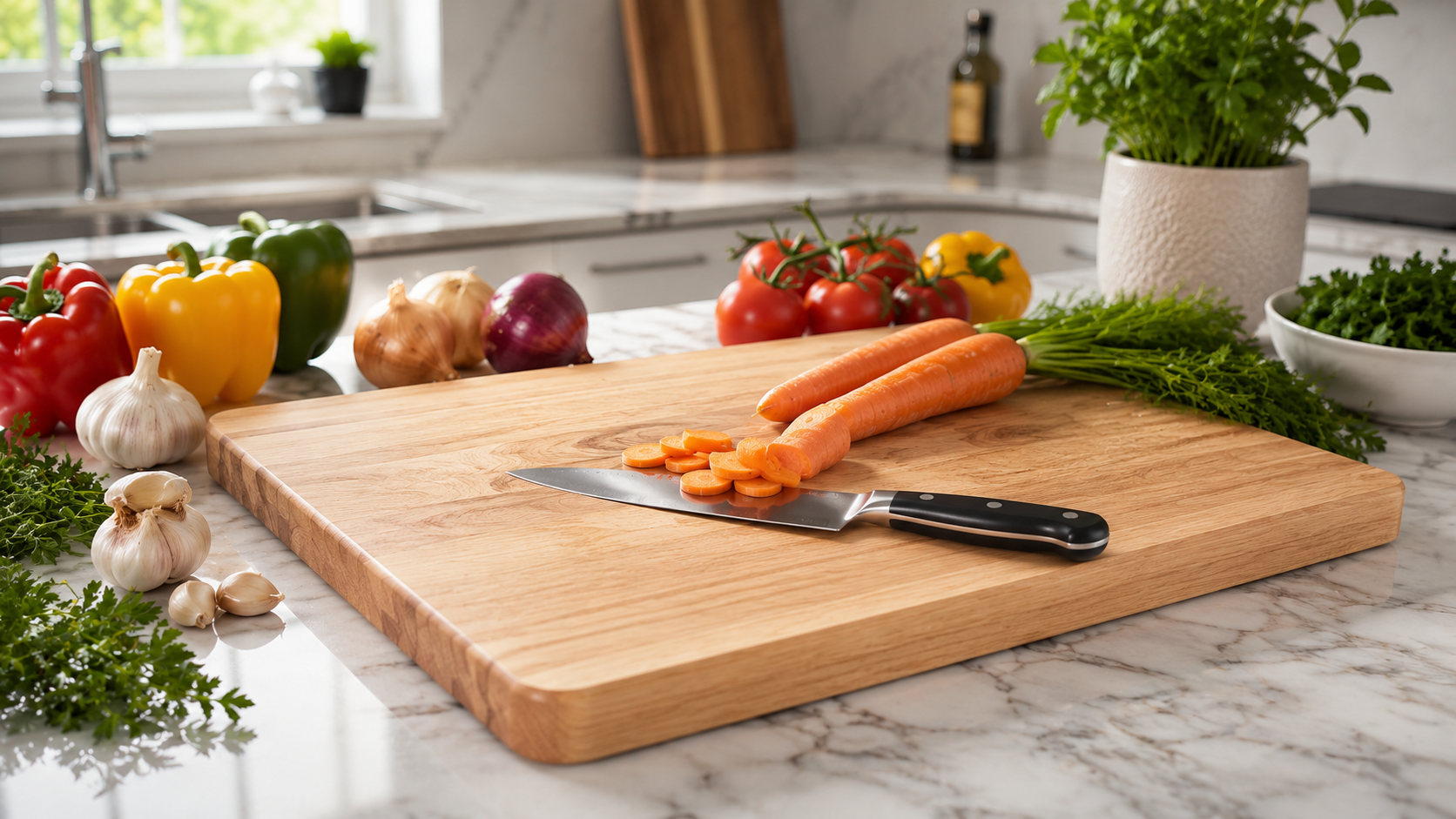 Maple Wooden Cutting Board for Everyday Meal Prep Maple wooden cutting board with a chef's knife and fresh vegetables on a white marble kitchen countertop.