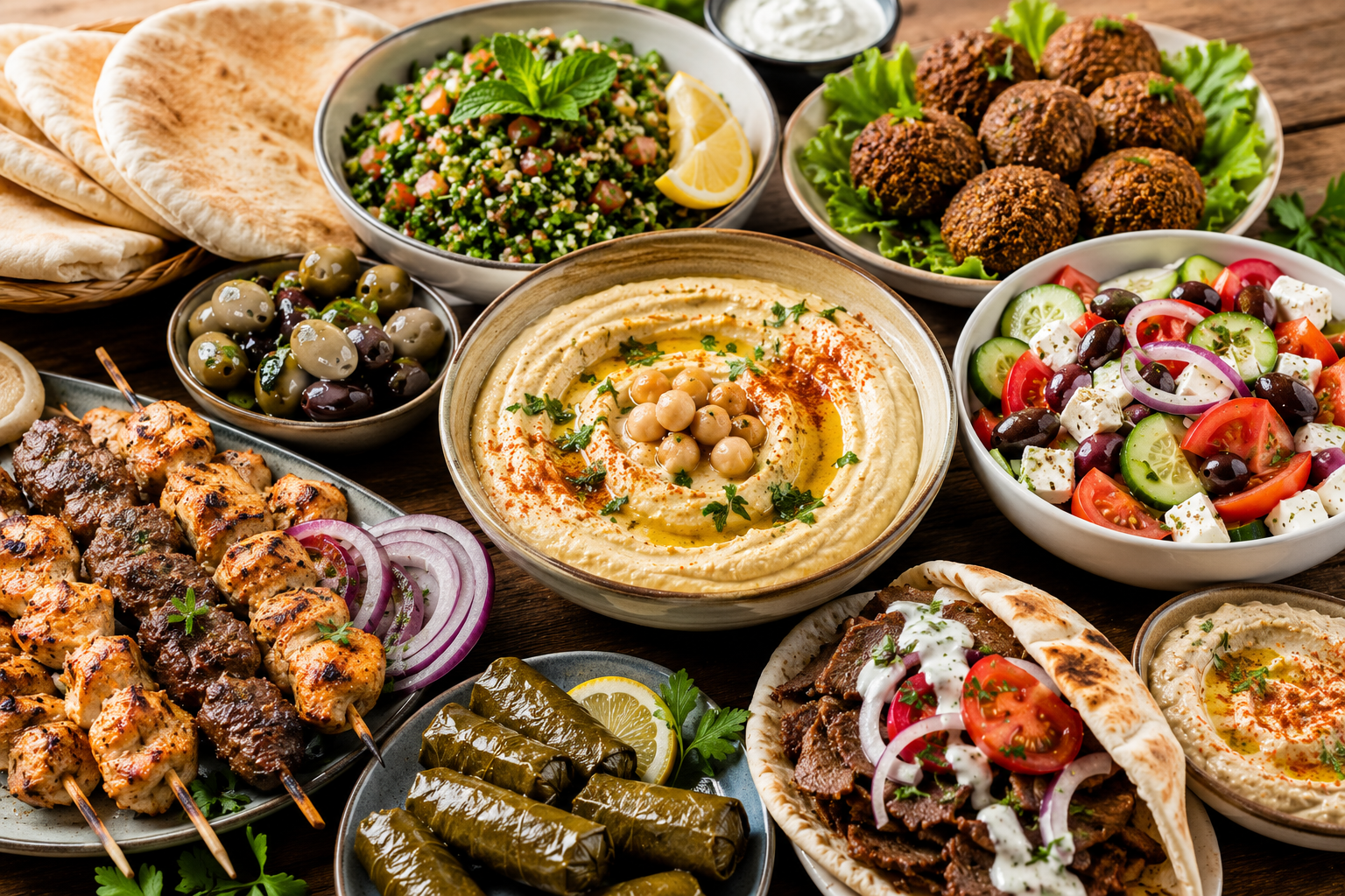 Traditional Mediterranean food spread with hummus, pita bread, olives, grilled meats, and fresh vegetables Traditional Mediterranean food spread with hummus, pita bread, olives, grilled meats, and fresh vegetables
