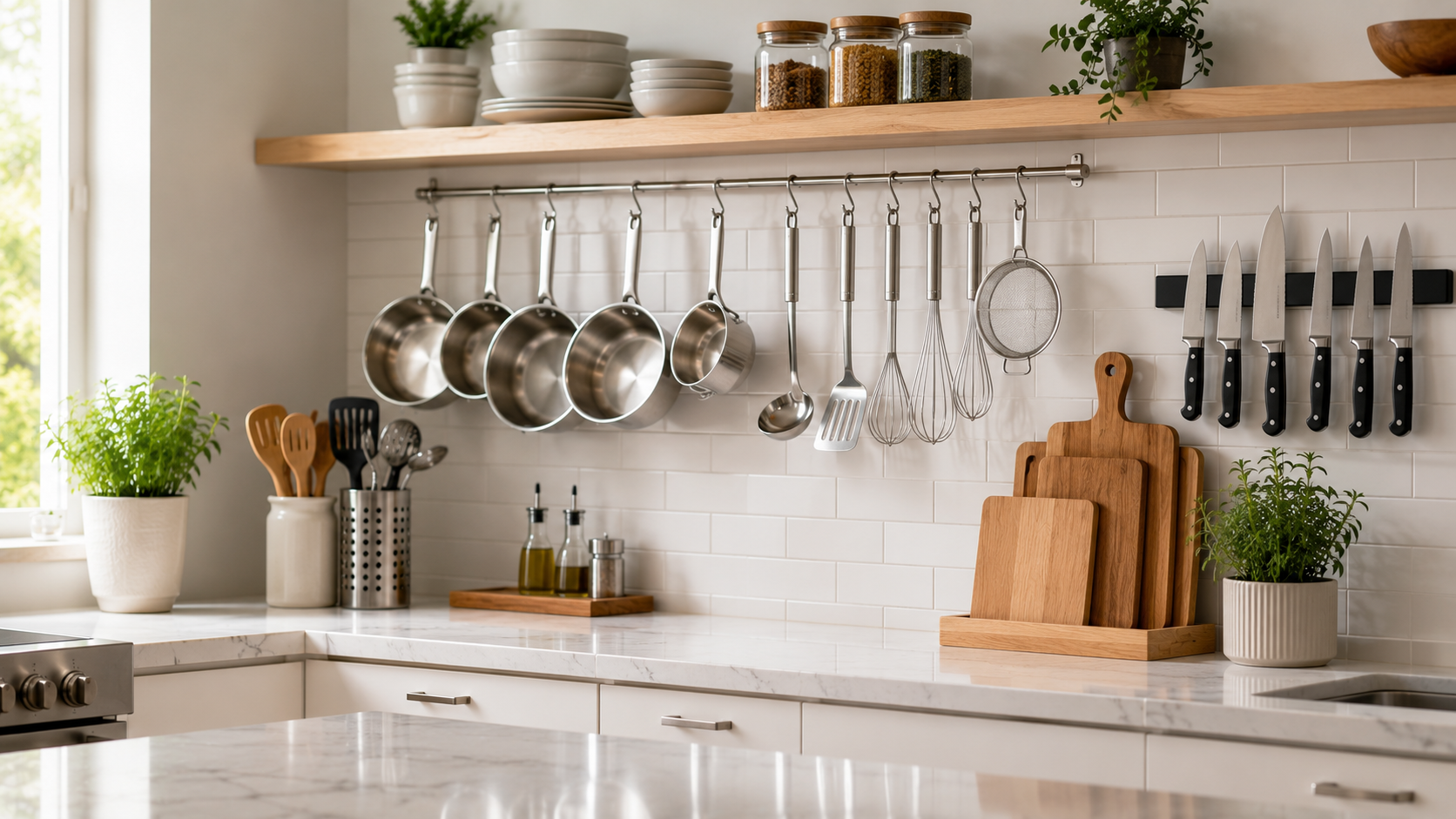 Organized Home Kitchen with Essential Cooking Tools Organized modern home kitchen with essential cookware, utensils, cutting boards, and knives neatly displayed