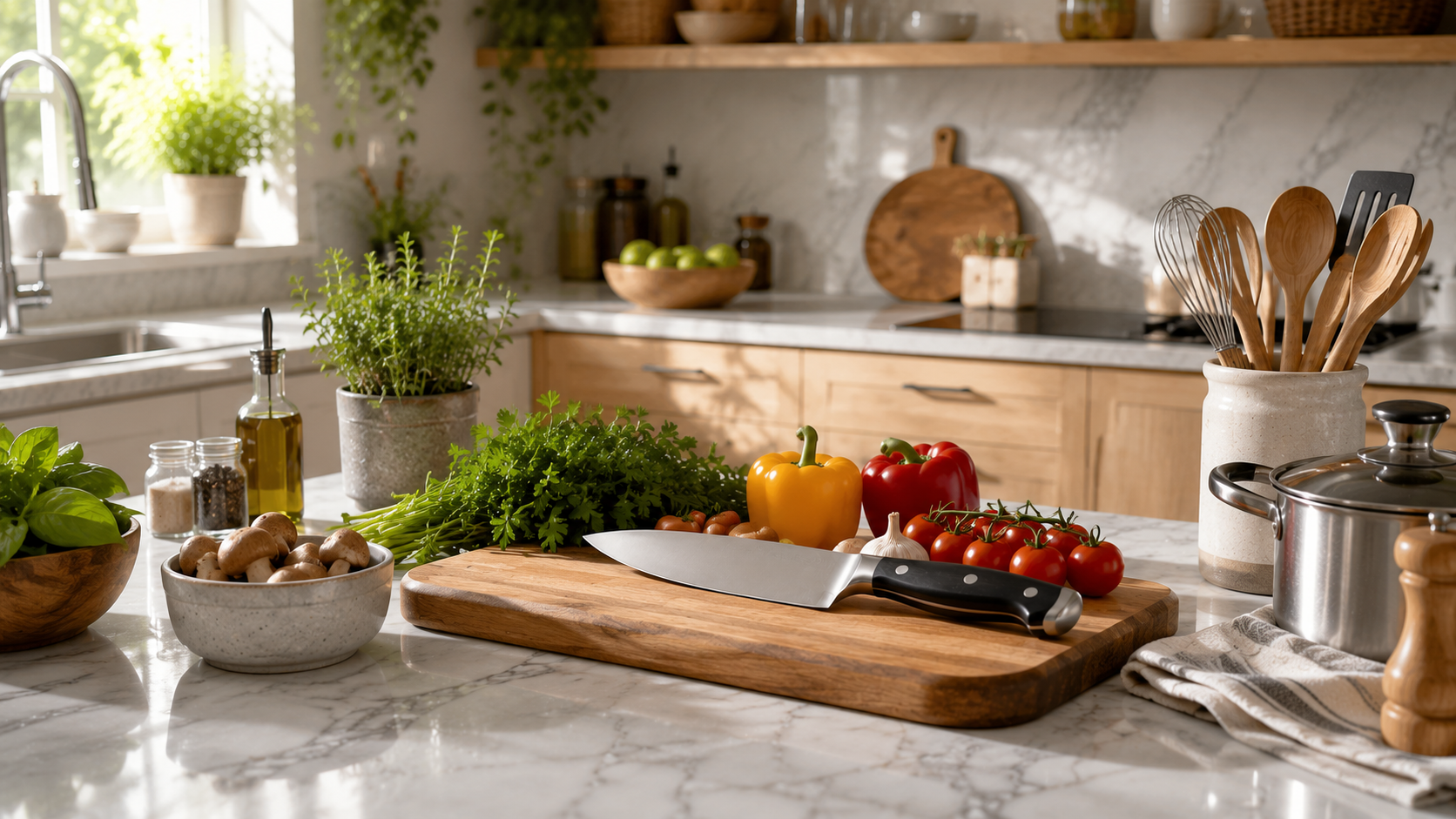 Organized Kitchen Prep Station Organized kitchen prep station with a chef's knife, fresh vegetables, herbs, and cookware on a white marble countertop