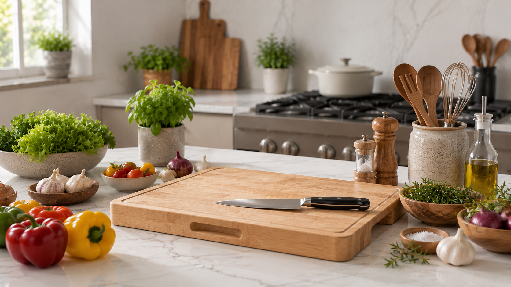 Organized Kitchen Prep Station with a Maple Cutting Board Organized kitchen prep station with a maple cutting board, chef's knife, fresh vegetables, and cooking utensils on a modern countertop.