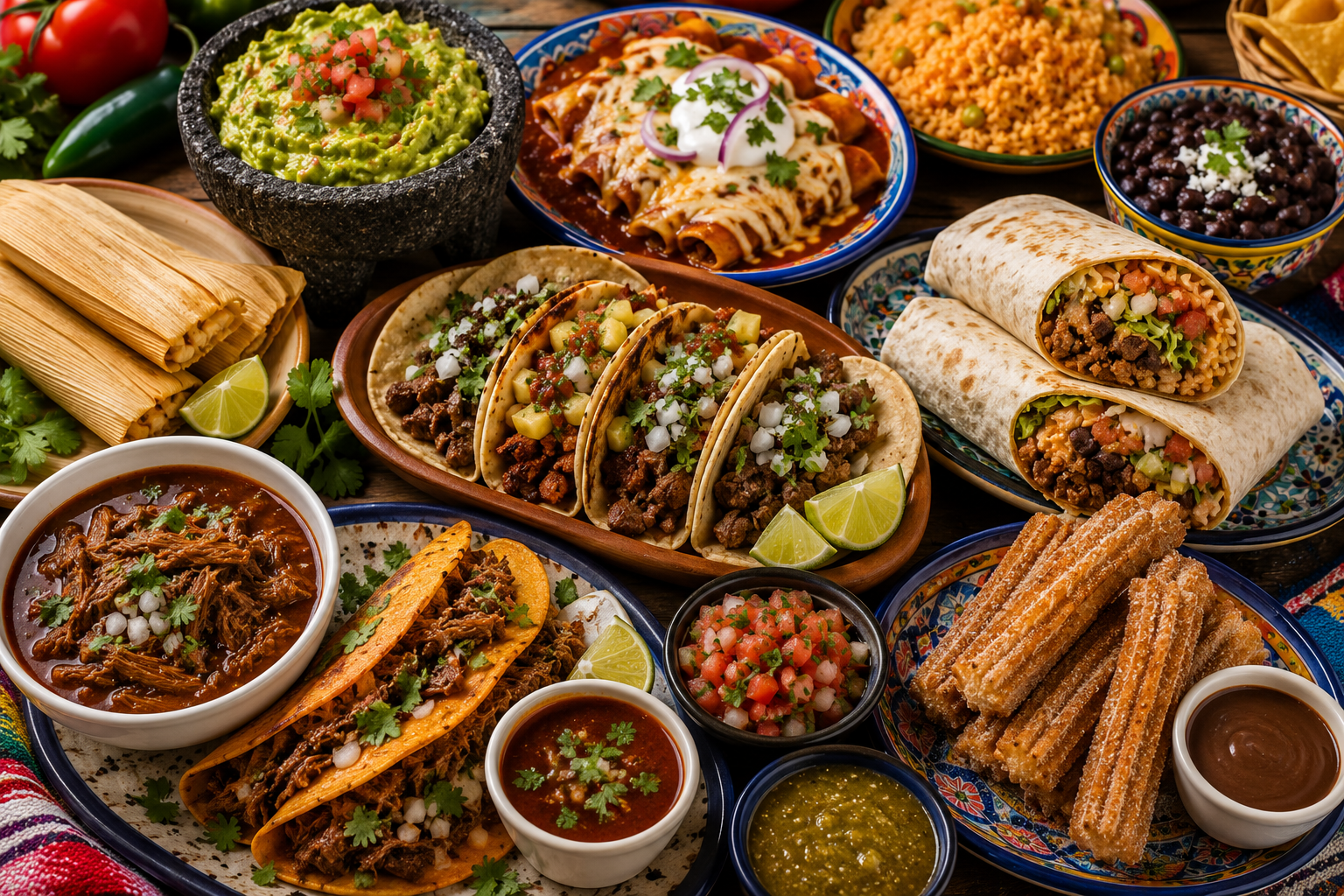 Traditional Mexican food spread with tacos, guacamole, salsa, rice, beans, and fresh ingredients Traditional Mexican food spread with tacos, guacamole, salsa, rice, beans, and fresh ingredients