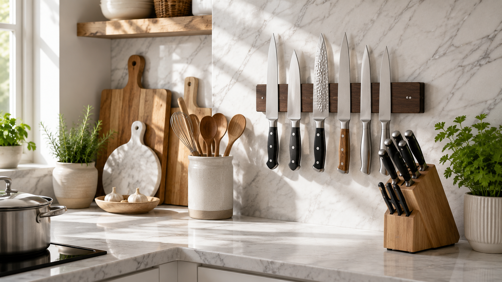 Safe Chef Knife Storage Solutions Modern kitchen with chef knives stored on a magnetic knife strip and in a wooden knife block